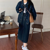 senior jeans Retro Denim Coat + Skirt Suit Spring and Autumn New Hong Kong Style Chic Niche Coat Fried Street Long Sleeve Women's Clothing