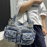 2000s fashion Women's Vintage Denim Washed Denim Tote Bag Multi-Pocket Hot Girl Fashion Shoulder Messenger Bag