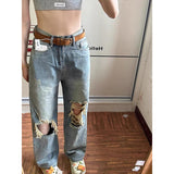 cowgirl outfits American Retro Distressed Ripped Jeans Women's Autumn 2024 High Waist Loose Slimming Straight Wide Leg Trousers