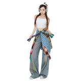 Kukombo American retro rainbow graffiti rubbed color wide-leg jeans women 2024 summer new mopping pants