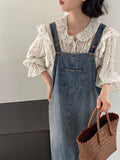 Kukombo [Fresh Salt Series] Age-reducing College Style Denim Overalls Skirt Women Adjustable Retro Blue Dress 6001