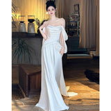 fruitful fashion dress to impress Satin off-Shoulder Light Wedding Dress Simple Travel Photography Bride Wedding White Slimming Trailing High-Grade Welcome Yarn