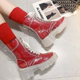 shoes Transparent Boots for Women Autumn New round Toe Thick Bottom Front Lace-up Mid-Calf plus Size 414243 with Jelly Socks