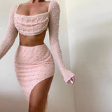 birthday outfit Fy396 Knitted Beaded Square Collar Long-Sleeved Top Skirt Suit Spring Women's Sexy Navel Skirt for Women