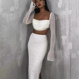 birthday outfit Fy396 Knitted Beaded Square Collar Long-Sleeved Top Skirt Suit Spring Women's Sexy Navel Skirt for Women