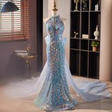 Kukombo aquatic dress to impress Blue Sequined Mermaid Princess Evening Dress Women's Sexy Halter Banquet Fishtail Dress Elegant High-End Light Luxury