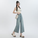 Kukombo cool lyocell tencel nine-point pants 2024 summer new high waist versatile wide-leg jeans