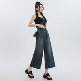 Kukombo cool lyocell tencel nine-point pants 2024 summer new high waist versatile wide-leg jeans