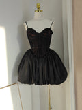 Kukombo Sexy Ball Gown Spaghetti Straps Black Lace Travel Vacation Dresses Short Satin Birthday Dress