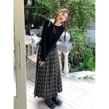 Kukombo 90s fashion 2024 Early Autumn Retro Preppy Style Plaid Pleated Skirt Green Plaid High Waist Mid-Length Skirt