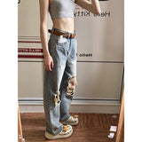 cowgirl outfits American Retro Distressed Ripped Jeans Women's Autumn 2024 High Waist Loose Slimming Straight Wide Leg Trousers