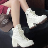 outfit ideas for school Women's Canvas Shoes 2024 New Retro High Heel Chunky Heel High-Top round Toe Lace-up Platform Height Increasing Platform White Shoes