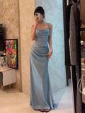 Kukombo Retro Mermaid Spaghetti Straps Blue Sequin Prom Dresses Birthday Outfits With Ruffle