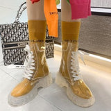 shoes Transparent Boots for Women Autumn New round Toe Thick Bottom Front Lace-up Mid-Calf plus Size 414243 with Jelly Socks