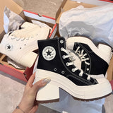 Kukombo outfit ideas for school Women's Canvas Shoes 2024 New Retro High Heel Chunky Heel High-Top round Toe Lace-up Platform Height Increasing Platform White Shoes