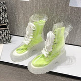 shoes Transparent Boots for Women Autumn New round Toe Thick Bottom Front Lace-up Mid-Calf plus Size 414243 with Jelly Socks