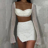 birthday outfit Fy396 Knitted Beaded Square Collar Long-Sleeved Top Skirt Suit Spring Women's Sexy Navel Skirt for Women