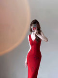 Kukombo Sexy Mermaid V Neckline Christmas Dress Red Satin Prom Dresses Birthday Outfits