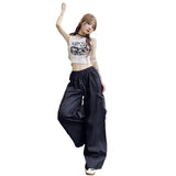 Kukombo original summer dopamine personality design bow tie pocket elastic waist loose casual pants