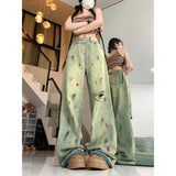 retro ink-splashed hole jeans women's spring new design high street vibe low waist wide leg pants