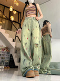 retro ink-splashed hole jeans women's spring new design high street vibe low waist wide leg pants