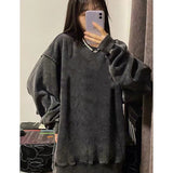 grunge outfits American High Street Trendy Men's Linen Gray round Neck Cotton Sweater Women's Distressed Fashion Loose Top