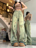 retro ink-splashed hole jeans women's spring new design high street vibe low waist wide leg pants