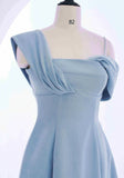 outfit Niche 2024 Elegant Slim-Fit Irregular Shoulder Strap Dress Haze Blue Oblique Shoulder Dress 1142