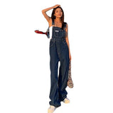 Kukombo back to school outfits Summer and Autumn New American Retro High Waist Denim Suspender Pants Women's Wide Leg Loose Casual Straight Slimming Mop Pants