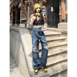 joker costume female outfit American-Style Vintage Washed Ripped Wide-Leg Pants Women's Autumn Chic Pants High Waist Jeans Straight Pants