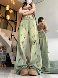 retro ink-splashed hole jeans women's spring new design high street vibe low waist wide leg pants