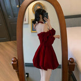 leapord Christmas outfit Atmosphere-Feeling Shirt Ankela Red Velvet Halter Dress Women's Autumn and Winter Waist-Tight High-Grade Dress Pettiskirt