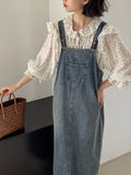 Kukombo [Fresh Salt Series] Age-reducing College Style Denim Overalls Skirt Women Adjustable Retro Blue Dress 6001