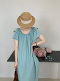 Kukombo [Ice Mint] Long Simple Solid Color Dress Women's Double-Layer Flying Sleeve Waist Covering Flesh Skirt 297