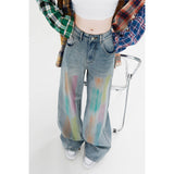 Kukombo American retro rainbow graffiti rubbed color wide-leg jeans women 2024 summer new mopping pants