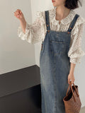 Kukombo [Fresh Salt Series] Age-reducing College Style Denim Overalls Skirt Women Adjustable Retro Blue Dress 6001