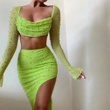 birthday outfit Fy396 Knitted Beaded Square Collar Long-Sleeved Top Skirt Suit Spring Women's Sexy Navel Skirt for Women