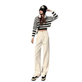 Kukombo beige jeans women's spring and autumn Korean version new high waist slim all-match mopping straight pants