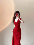 Kukombo Sexy Mermaid V Neckline Christmas Dress Red Satin Prom Dresses Birthday Outfits