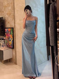 Kukombo Retro Mermaid Spaghetti Straps Blue Sequin Prom Dresses Birthday Outfits With Ruffle