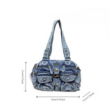 2000s fashion Women's Vintage Denim Washed Denim Tote Bag Multi-Pocket Hot Girl Fashion Shoulder Messenger Bag