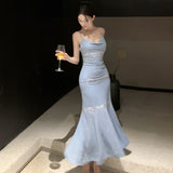 Kukombo aquatic dress to impress Sexy Rhinestone Sling Swing Collar Slim Sheath Fishtail Dress Women