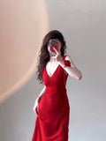 Kukombo Sexy Mermaid V Neckline Christmas Dress Red Satin Prom Dresses Birthday Outfits