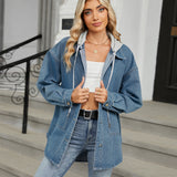 2000s fashion Women's New Washed Loose Denim Coat Long Sleeve Hooded Top