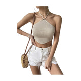 2024 new European and American sexy hot girl women's clothing temperament short backless halter neck lace-up knitted vest top for women