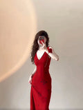 Kukombo Sexy Mermaid V Neckline Christmas Dress Red Satin Prom Dresses Birthday Outfits