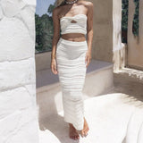 European and American cross-border sexy hot girl suit hollow perspective tube top hip-wrapped half-length skirt long skirt two-piece suit for women