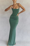 prom dresses Women's Fishbone Pleated Sexy Backless Strap Fishtail Slim Dress Evening Dress