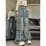 hipster dress to impress Elastic Waist American Retro Wide Leg Meat Covering Straight Harem Loose New Washed Denim Overalls Women's Daddy Fashion