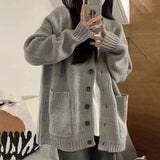 Kukombo Harajuku Loose Brown Cardigan Women Chic V Nekc Single Breasted Knitted Cardigans Woman Autum Winter Student Sweater Coat